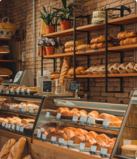 evergreen-patisserie-bakery-interior-small Bakery interior with shelves of fresh bread and pastries